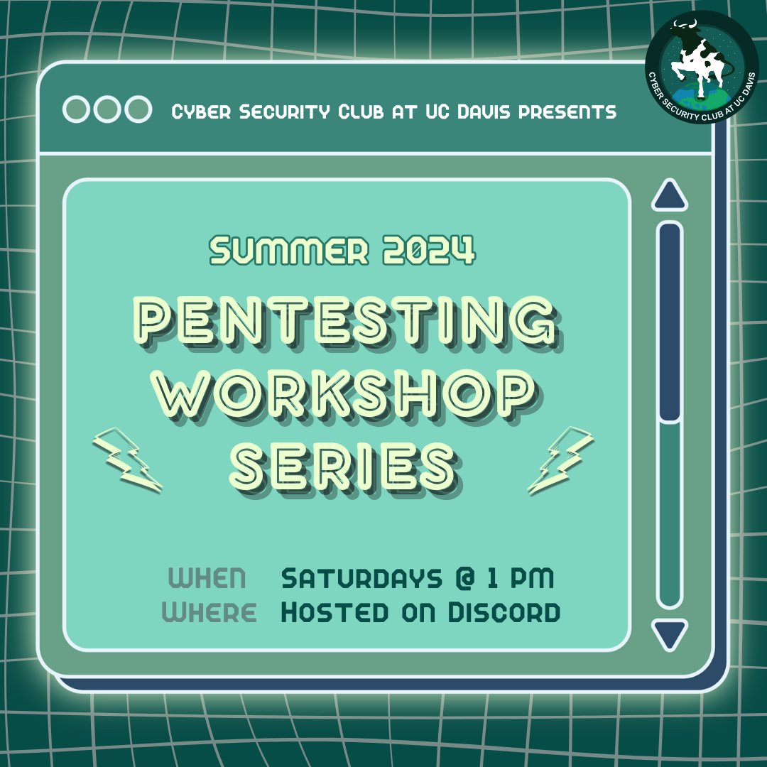 daviscybersec's tweet image. Introducing our summer pentesting workshop series!  Workshops will begin the weekend of July 20th.

REGISTER HERE docs.google.com/forms/d/e/1FAI…