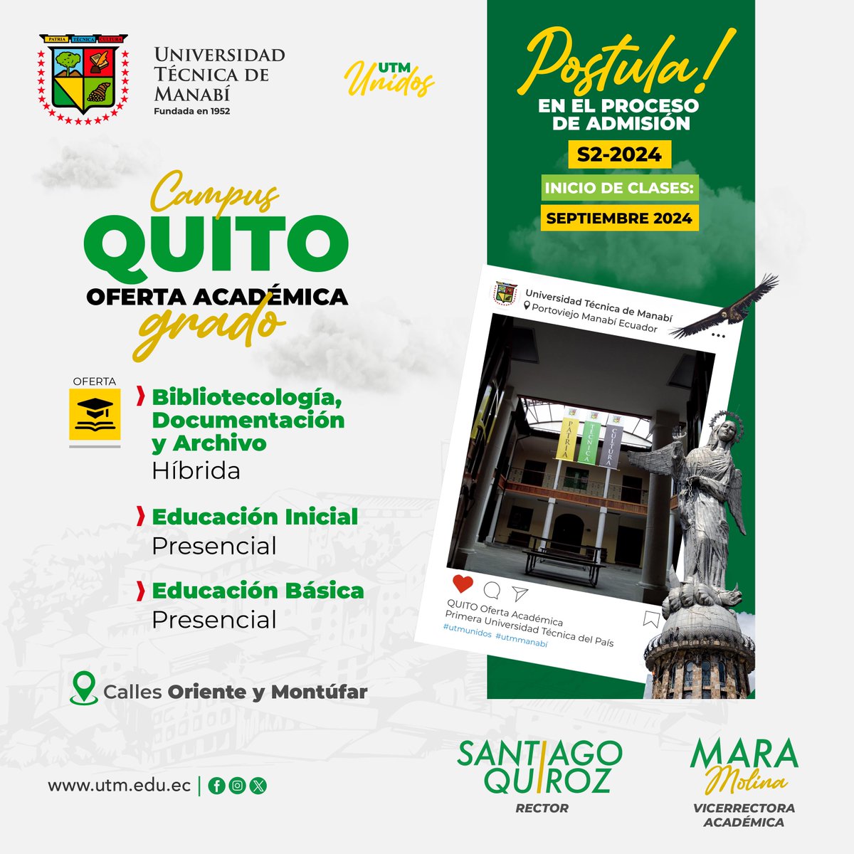 UTMManabi's tweet photo. 🎉 ¡Llegamos a Quito! 

Estamos orgullosos de anunciar la apertura de nuestra oferta académica en la ciudad de Quito. 🎓

🔹 Bibliotecología, Documentación y Archivo
🔹 Educación Inicial 
🔹 Educación Básica 

📅 ¨Inicio de Clases: Septiembre 2024
📍 Calles Oriente y Montúfar https://t.co/5NslxtRZA8