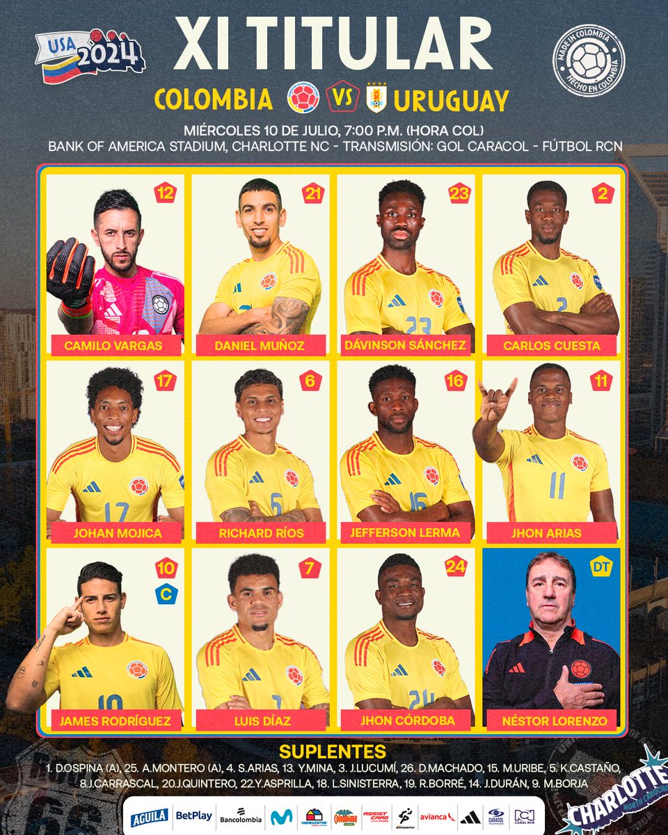 FCFSeleccionCol's tweet photo. 🚨 𝐓𝐈𝐓𝐔𝐋𝐀𝐑

Así vamos para enfrentar a 🇺🇾 por las Semifinales de la Copa América.

#TodosSomosColombia 🇨🇴 https://t.co/sVdd3mKkUz