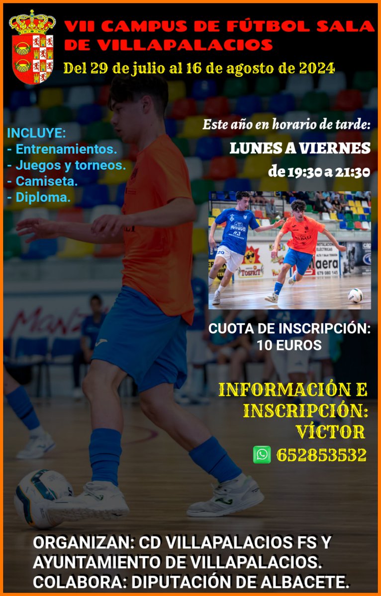 VillapalaciosFS's tweet photo. Gracias al apoyo y colaboración del Ayuntamiento de Villapalacios, por séptimo año consecutivo volveremos a tener nuestro CAMPUS DE FÚTBOL SALA.

Este año será en horario de tarde y ampliaremos a 3 semanas.

Del 29 de julio al 16 de agosto por solo 10 euros.

¡Os esperamos! ⚽❤️ https://t.co/YpArEh6oe0