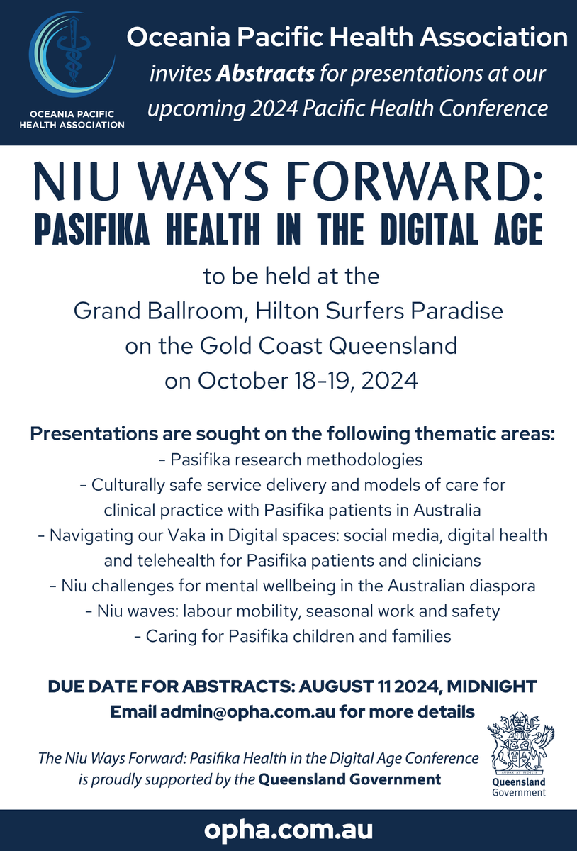 MattBrayAU's tweet photo. Call for Abstracts
Calling all #Pasifika clinicians, community leaders, researchers, academics &amp; health practitioners in Australia. Please join us on the Gold Coast - October 18-19 for the #Oceania #PacificHealth Conference on "Niu Ways Forward: Pasifika Health in the Digital Age https://t.co/JikwCfUuxx