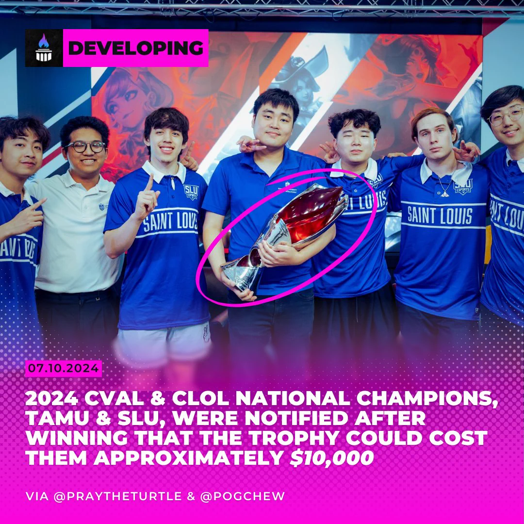 2024 CVAL and CLoL National Champions, TAMU and SLU, were notified after winning that the trophy could cost them approximately $10,000