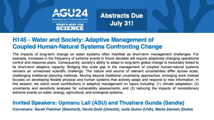 🌍 Planning on attending #AGU24? Interested in #water and #climate #adaptation? Consider submitting to our session!