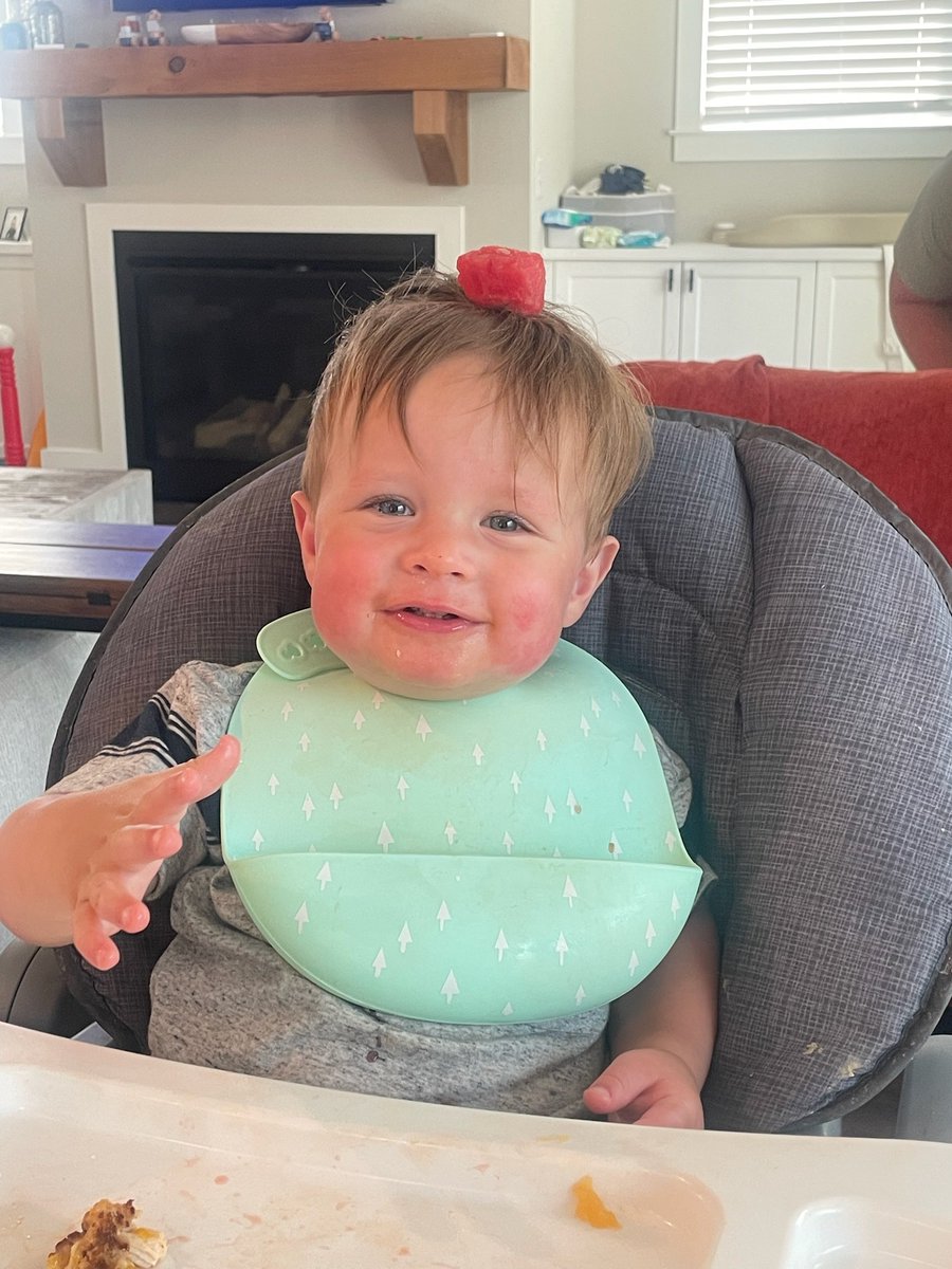 pmay225's tweet image. Here!  Was zooming with our grandson. Yes, that's watermelon on his head. 🥰😂