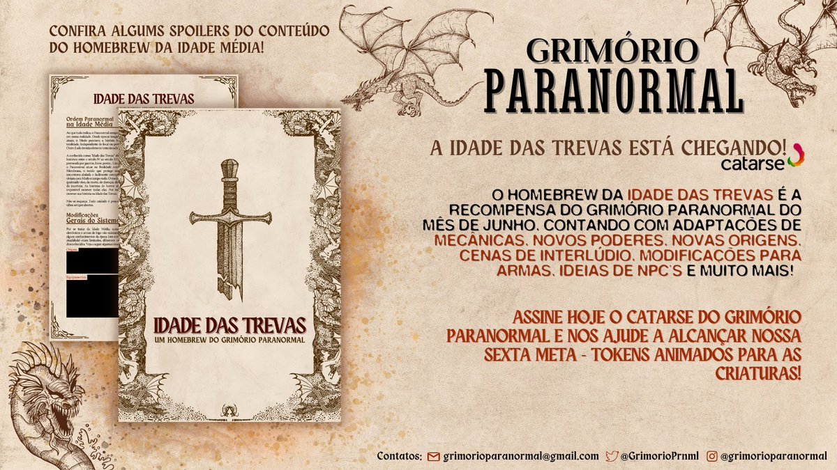 GrimorioPrnml's tweet image. Aproveitando a deixa, ano passado produzimos o homebrew Idade das trevas, parte da nossa coletânea do Paranormal Através das Eras 😱
⚠️Se deseja jogar Ordem Paranormal na idade média o seguinte conteúdo está disponível para compra via dm e por apenas R$ 20!!⚠️
#OrdemParanormal