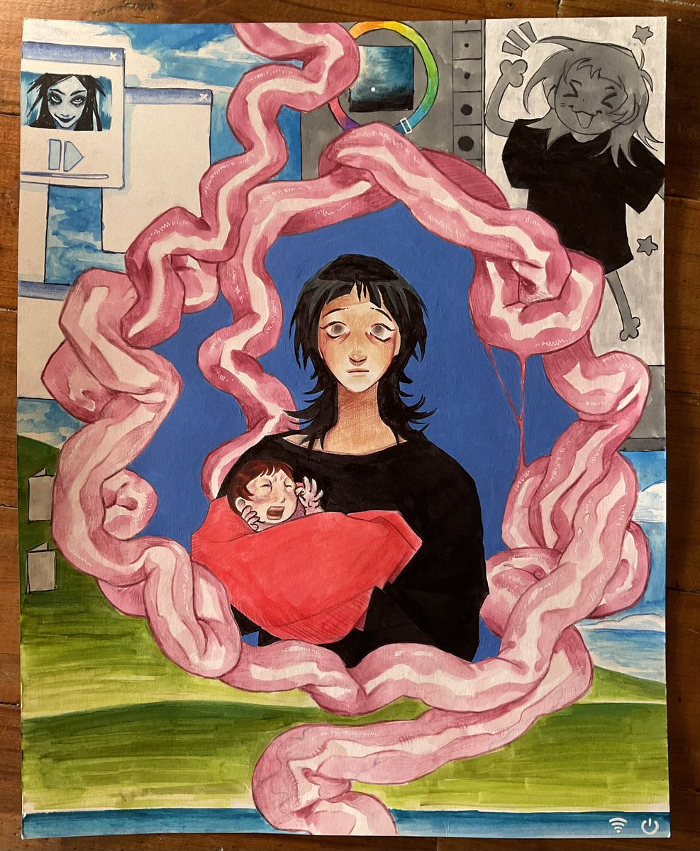 naitm33r's tweet image. More traditional art, this was a self portrait I had to do for college 💋