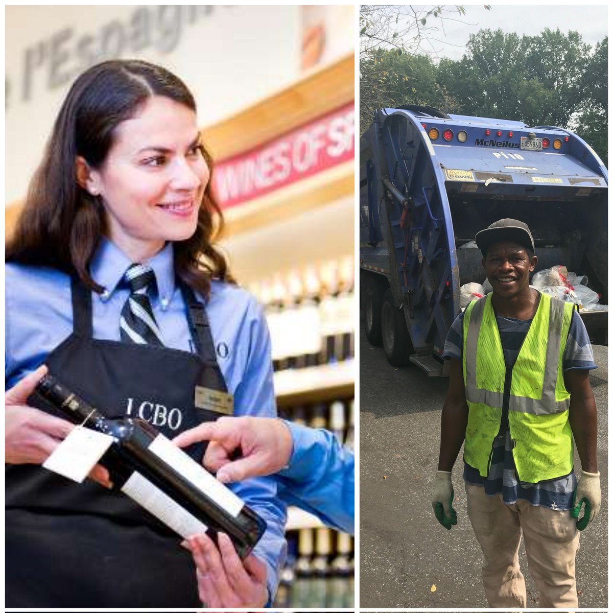 truckdriverpleb's tweet photo. An LCBO worker makes $39 per hour to tell you where your fav booze is in their store. 

This garbage man makes probably approx $25 an hour busting his ass for 12 hours a day, 5 days a week in every weather possible, cleaning up your city

Who is providing more value to society? https://t.co/dMAqDllQte