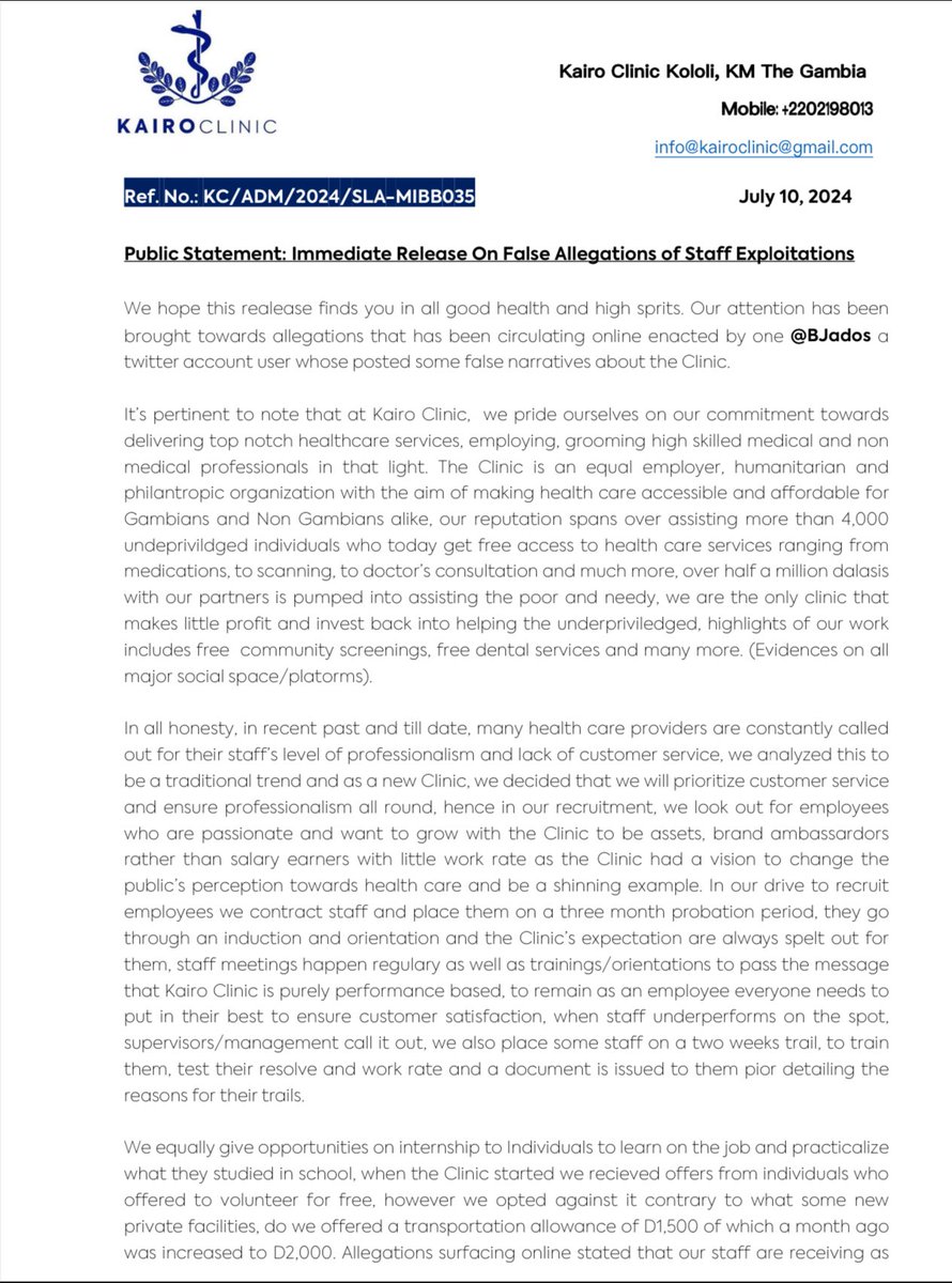 kairoclinic's tweet photo. @GeneralYankub @BJados Public Statement: Immediate Release On False Allegations of Staff Exploitations https://t.co/dKAyE3WXQI