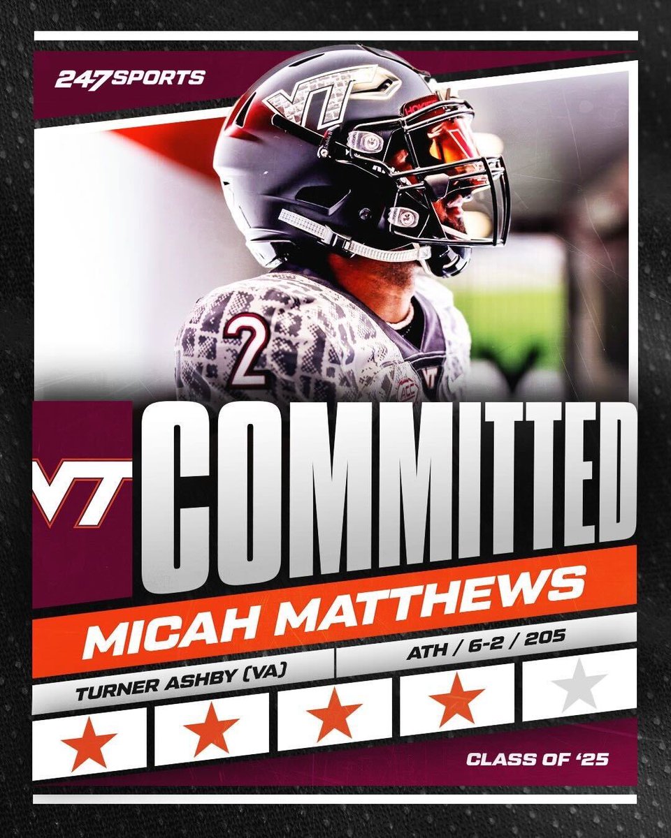 BREAKING: Dual-sport 4⭐️ Micah Matthews has committed to Virginia Tech

The 6’2 205 lb. WR from Bridgewater, Va. chose the #Hokies over UNC, Utah &amp; UVa

No. 118 in Top247 and No. 5 in VA per <a href="/247Sports/">247Sports</a> 

“I love being a part of this in-state revival.”

🔗: 247sports.com/college/virgin…