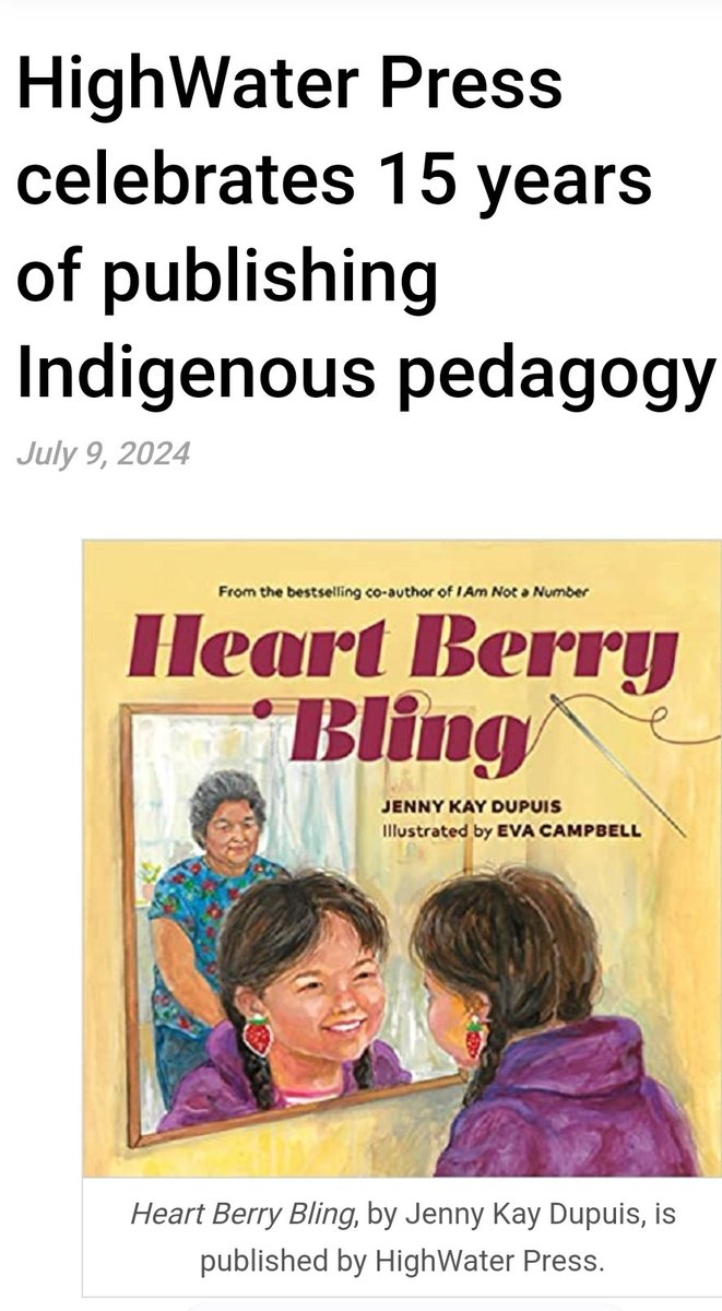 "Many of Canada’s celebrated Indigenous storytellers have been published by HighWater Press, such as Jenny Kay Dupuis of Nipissing First Nation with her 2023 Heart Berry Bling..." Link to full article: anishinabeknews.ca/2024/07/09/hig…