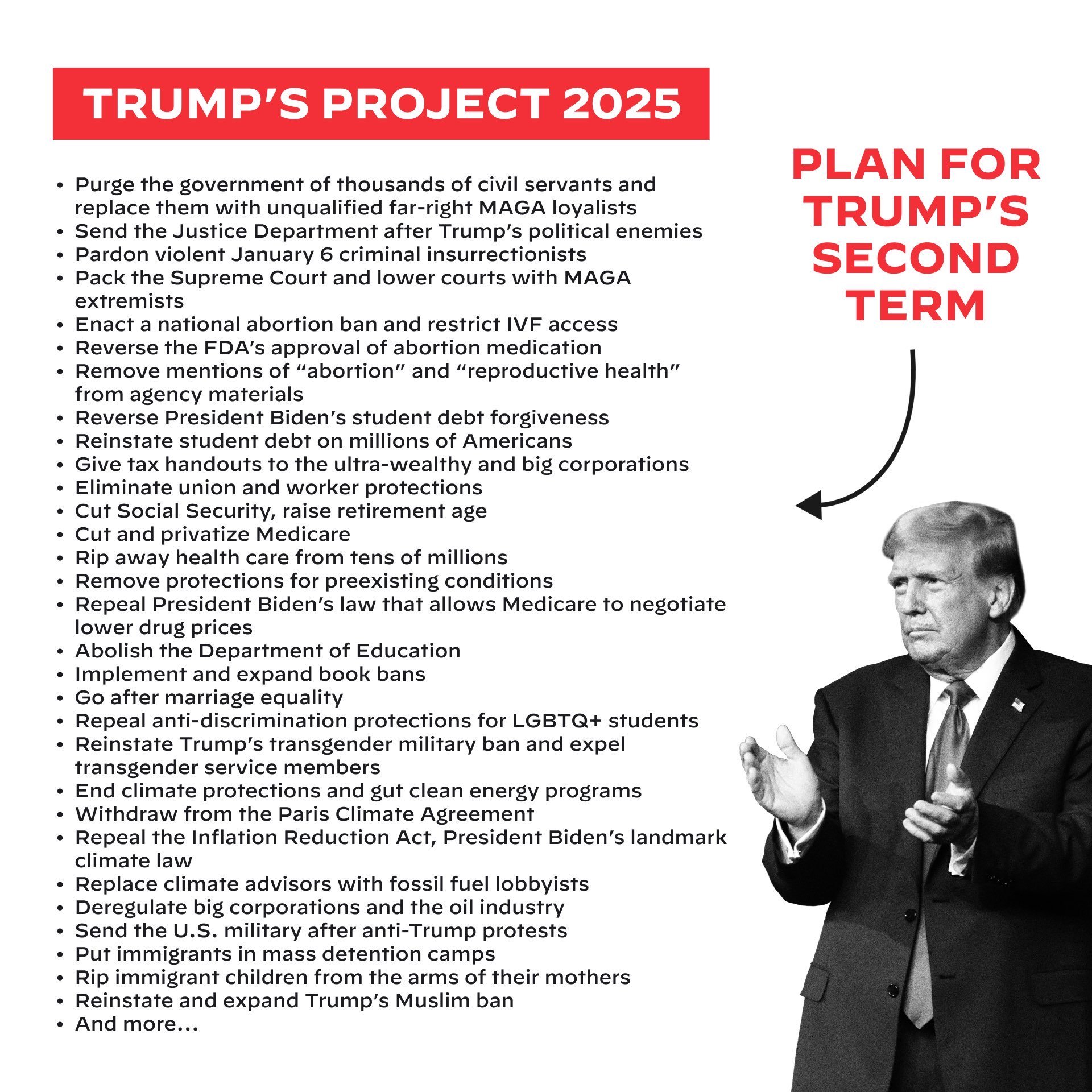 An image of Donald Trump with the following text:
"PLAN FOR TRUMP'S SECOND TERM"

Where various policy aims are listed such as reversing the president’s abortion decision, purging the government of disloyal staff, reducing healthcare costs, cutting social security, improving veteran and military benefits, reinstating the previous president's immigration policies, and more.