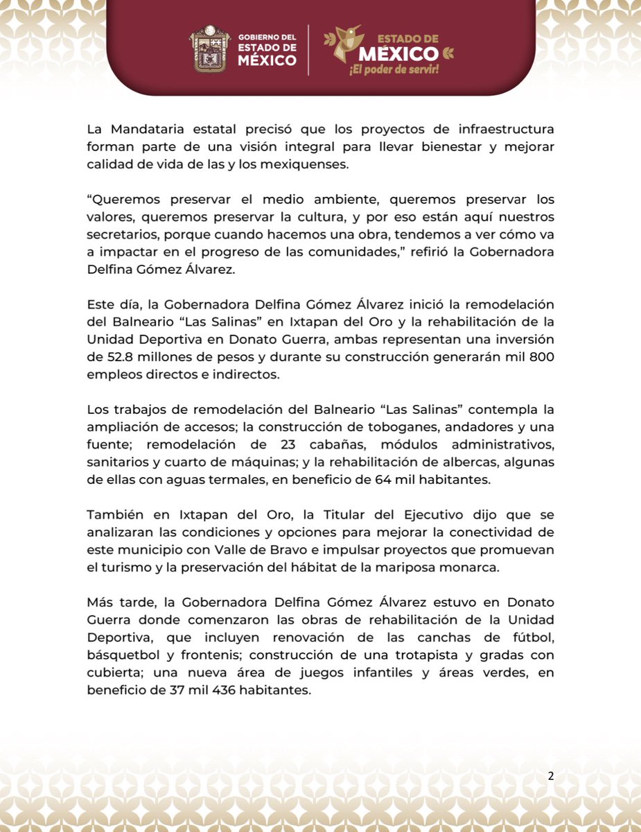 SEMOV_Edomex's tweet photo. #ComunicadoDePrensa

Obras de la transformación son un acto de justicia y equidad para los 125 municipios del Estado de México afirma la Gobernadora @delfinagomeza.

Más información: 👇🏼 https://t.co/X8w3JGUqpX
