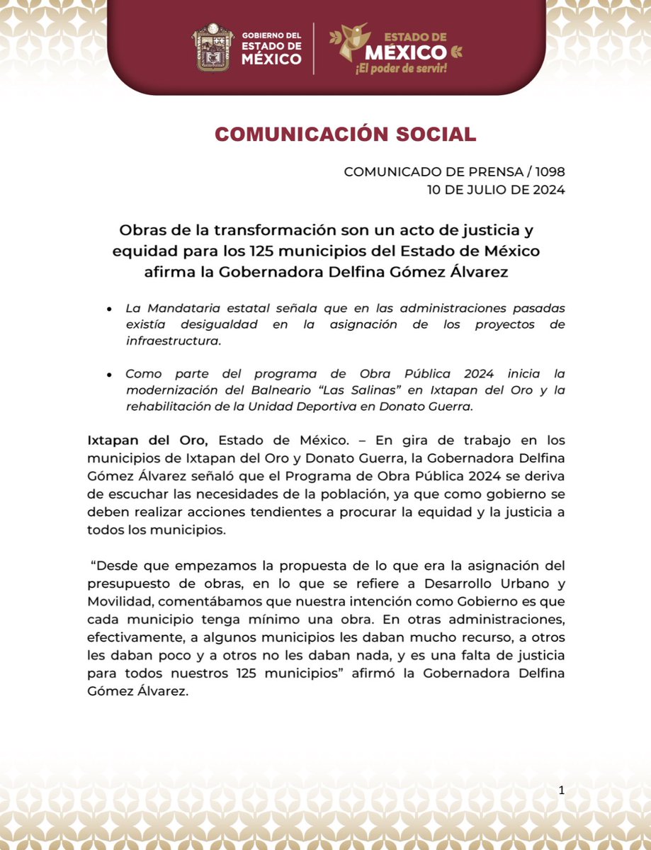SEMOV_Edomex's tweet photo. #ComunicadoDePrensa

Obras de la transformación son un acto de justicia y equidad para los 125 municipios del Estado de México afirma la Gobernadora @delfinagomeza.

Más información: 👇🏼 https://t.co/X8w3JGUqpX