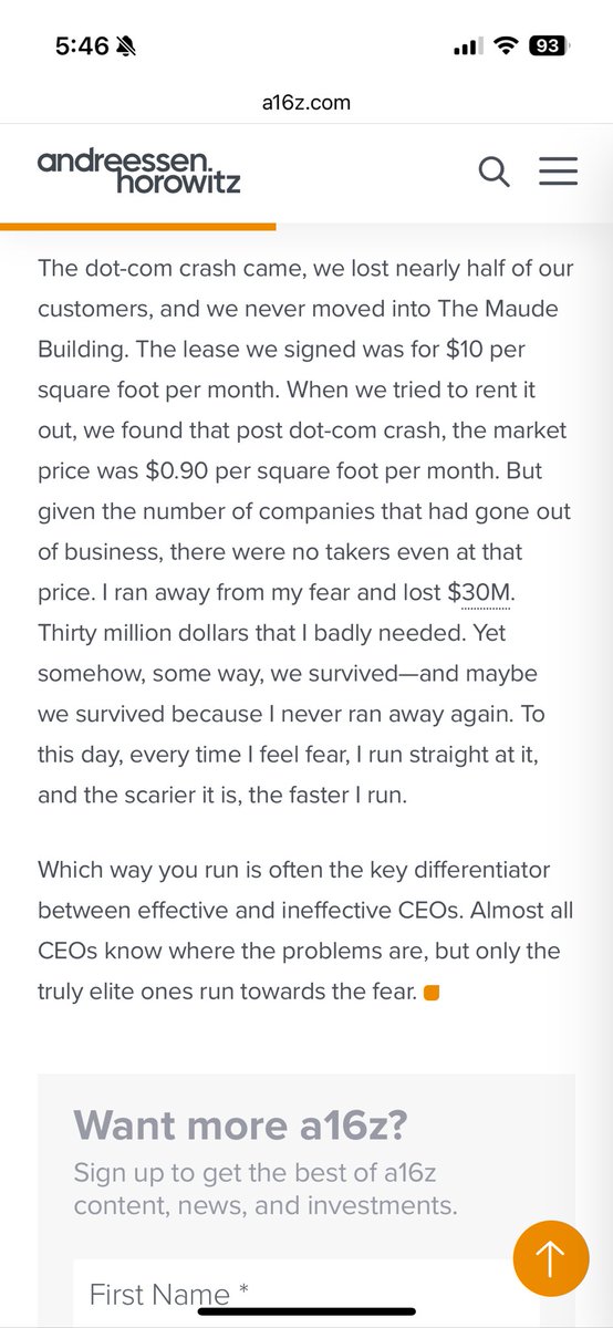 “To this day, every time I feel fear, I run straight at it.

And the scarier it is, the faster I run.”

- Ben Horowitz