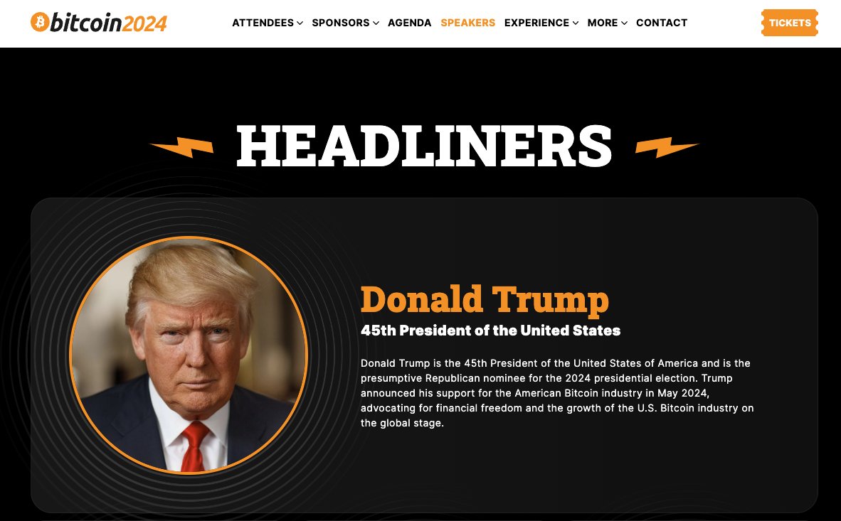 Crypto__Goku's tweet photo. 🎙️ Donald Trump annoncé comme speaker lors de la conférence #Bitcoin 2024. https://t.co/6Z7wpbOCBS