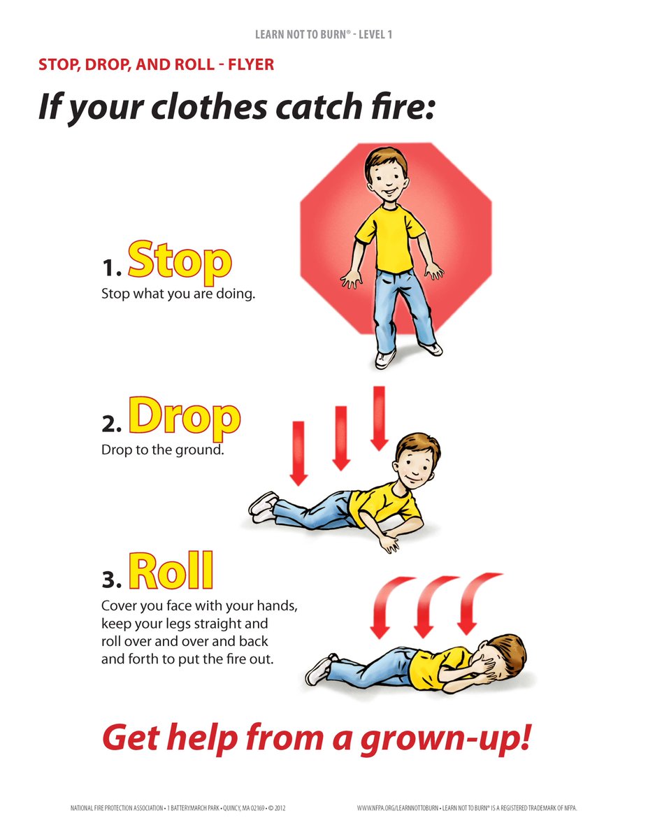 NAofSFM's tweet photo. Stop Drop and Roll – Teach your children that if their clothes catch fire they should stop, drop, and roll. Stop immediately, drop to the ground, and cover your face with your hands. Roll over and over or back and forth until the fire is out.  #StopDropRoll #KidsFireSafety https://t.co/M3nhvCgG5v
