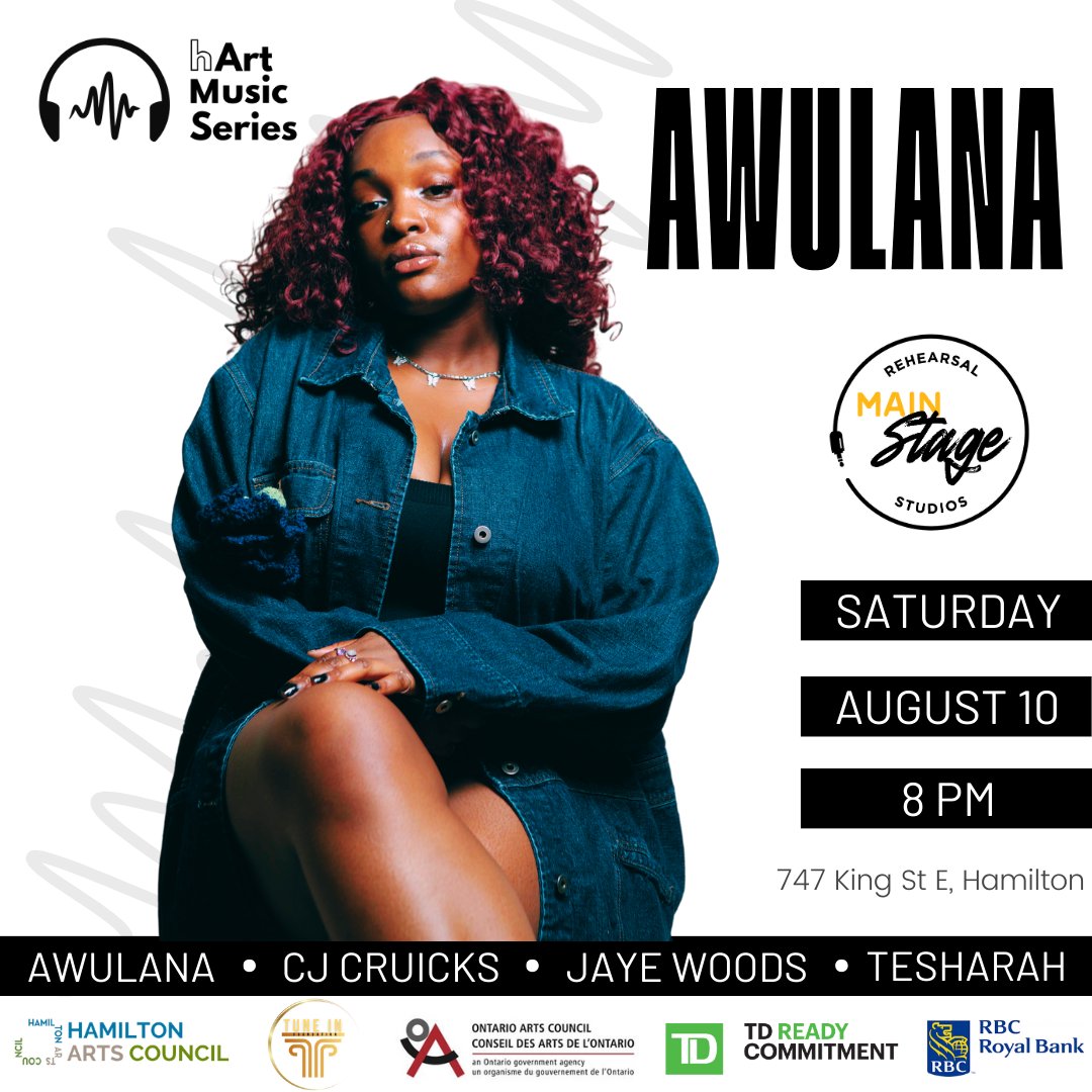 The hArt Music Series performance is 1 month away, and will feature 4 incredibly talented artists, including... AwulaNa! 🦋🎤 ✨

Learn more + get your tickets!! 🌐 hamiltonartscouncil.ca/hart-music-ser…

🗓️ Sat Aug 10
🕗 8PM
🥁 Main Stage Rehearsal Studios

#HamOntMusic