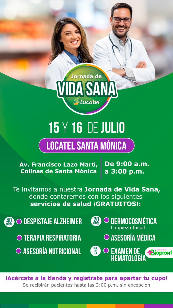 ¡Te invitamos a nuestra Jornada de Vida Sana en Locatel Santa Mónica! Reserva tu cupo 👉 forms.gle/USCLsQTEm3e2UX…