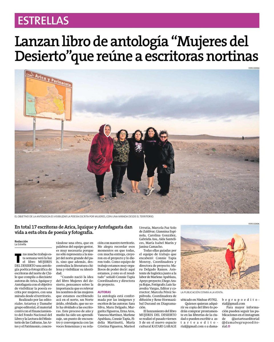 Hoy MUJERES DEL DESIERTO apareció en el Diario La Estrella de Arica 📰

Seguimos disfrutando del lanzamiento de esta querida antología poética fotográfica con escritoras de #Arica #Iquique #Antofagasta