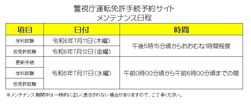 【運転免許本部からのお知らせ】
下記の日程で運転免許手続予約サイトのメンテナンスを実施します。
メンテナンス期間中は一時的に正しく表示されない場合がありますので、ご了承ください。