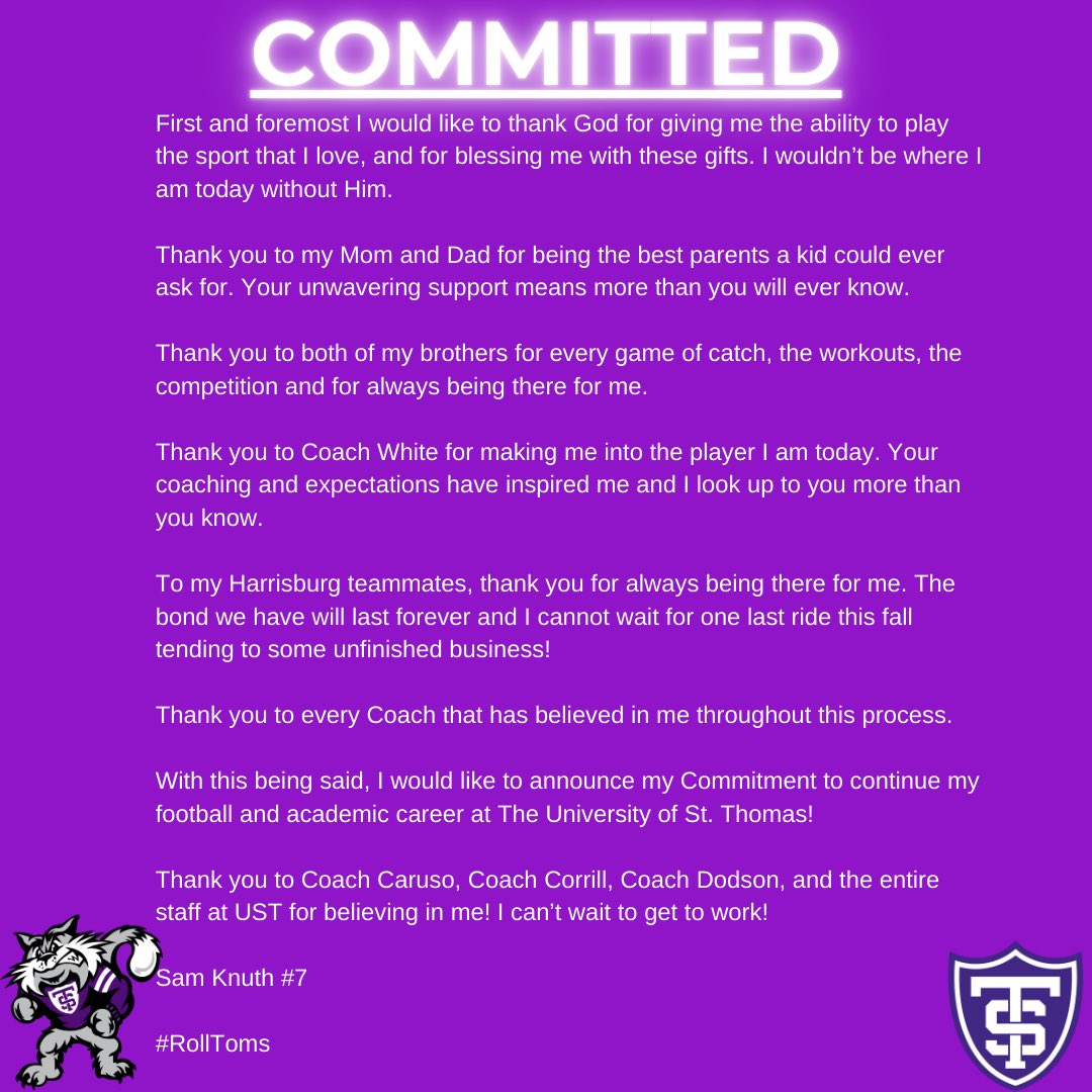 COMMITTED 🏡 #RollToms🟣⚪️ #Pa25ion #AGTG <a href="/Coach_Caruso/">Coach Glenn Caruso</a> <a href="/CalebCorrill/">Caleb Corrill</a> <a href="/CoachDodson13/">Coach Dodson 🏈 🗺️🧗🏿‍♂️🏆</a> <a href="/HHSTigerFBall/">Tiger Football</a>