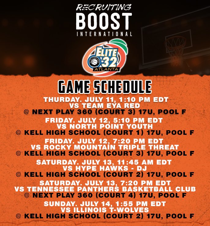 Recruiting Boost (@recruitingboost) on Twitter photo Recruiting Boost International’s updated schedule is now LIVE for <a href="/OntheRadarHoops/">Shun Williams</a>’ Elite 32 in Atlanta, Georgia!
College coaches, we have some MUST SEE prospects.
See you soon! #RecruitingBoost Recruiting Boost International’s updated schedule is now LIVE for <a href="/OntheRadarHoops/">Shun Williams</a>’ Elite 32 in Atlanta, Georgia!
College coaches, we have some MUST SEE prospects.
See you soon! #RecruitingBoost