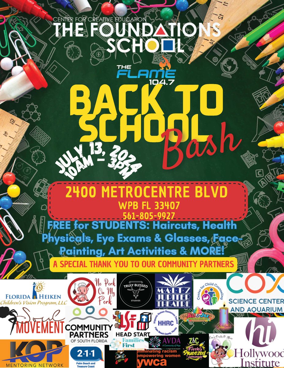 cceflorida's tweet photo. 🎉 Join us at our Back to School Bash this Saturday from 10 AM to 3 PM!

FREE for Palm Beach County students: haircuts, health physicals, eye exams &amp; glasses, art activities, and more! 📚

Learn more about The Foundations School (K-5) with faculty-led tours. Come join the fun! ✏️ https://t.co/wqF0PQXMXQ