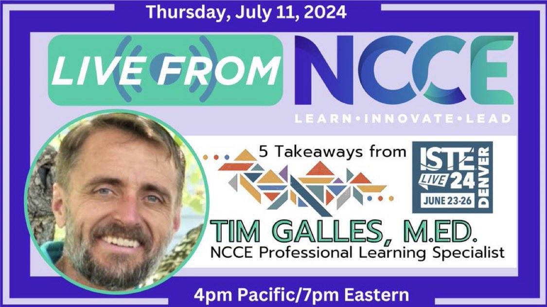 TammyDunbar's tweet photo. TOMORROW on #LiveFromNCCE! Join the very inspiring @mrgalles who will recap #ISTELive2024! Starts 4pm Pacific/7pm Eastern! Join us for the #BestFreeEdTechPD from @NCCE_EdTech #IAmNCCE https://t.co/WVPDBSTCNf @techsavvyteach https://t.co/4V8ClcSi84