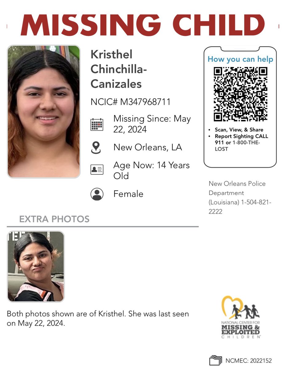Ohio1ShyGirl's tweet image. #LOUISIANA #NewOrleans  #CriticallyMissing 
#KristhalChinchillaCanizales, 14
#CFS  May have been #TRAFFICKED 
missingkids.org/poster/NCMC/20…  #MISSING #MissingPerson #MissingPeople