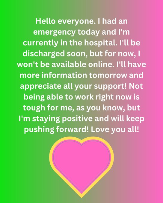 Hello everyone. I had an emergency today and I'm currently in the hospital. I'll be discharged soon,<a href="/tag/limitedtimeoffer"class="tags"><span>#limitedtimeoffer</span></a><a href="/tag/joinnow"class="tags"><span>#joinnow</span></a><a href="/tag/exclusivecontent"class="tags"><span>#exclusivecontent</span></a>