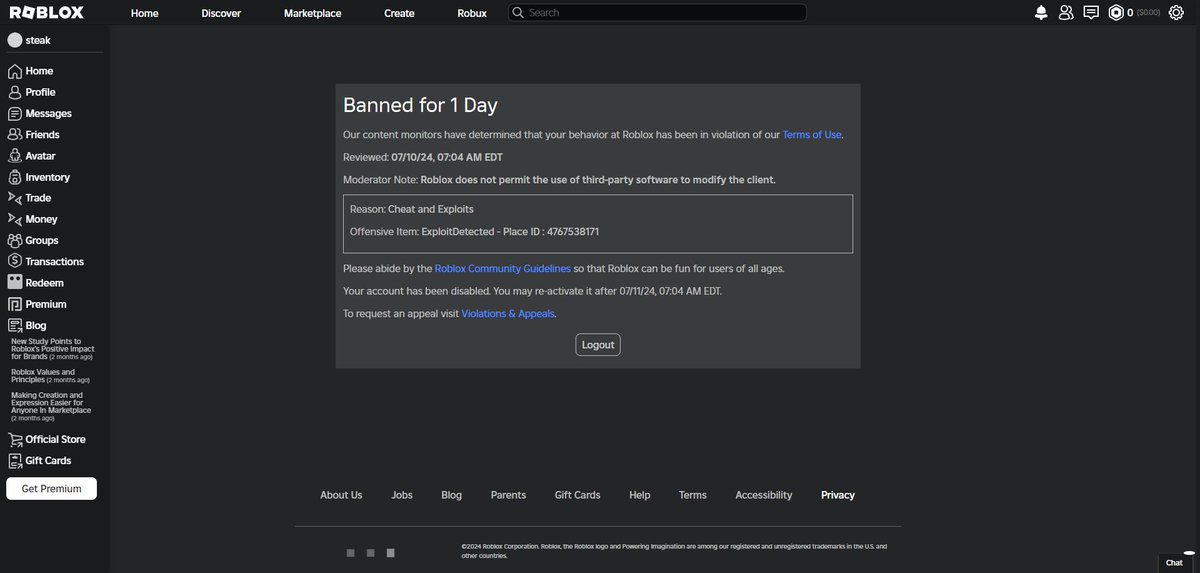 steakisf's tweet image. i got caught in the ban wave :sob:
#roblox #robloxbanwave