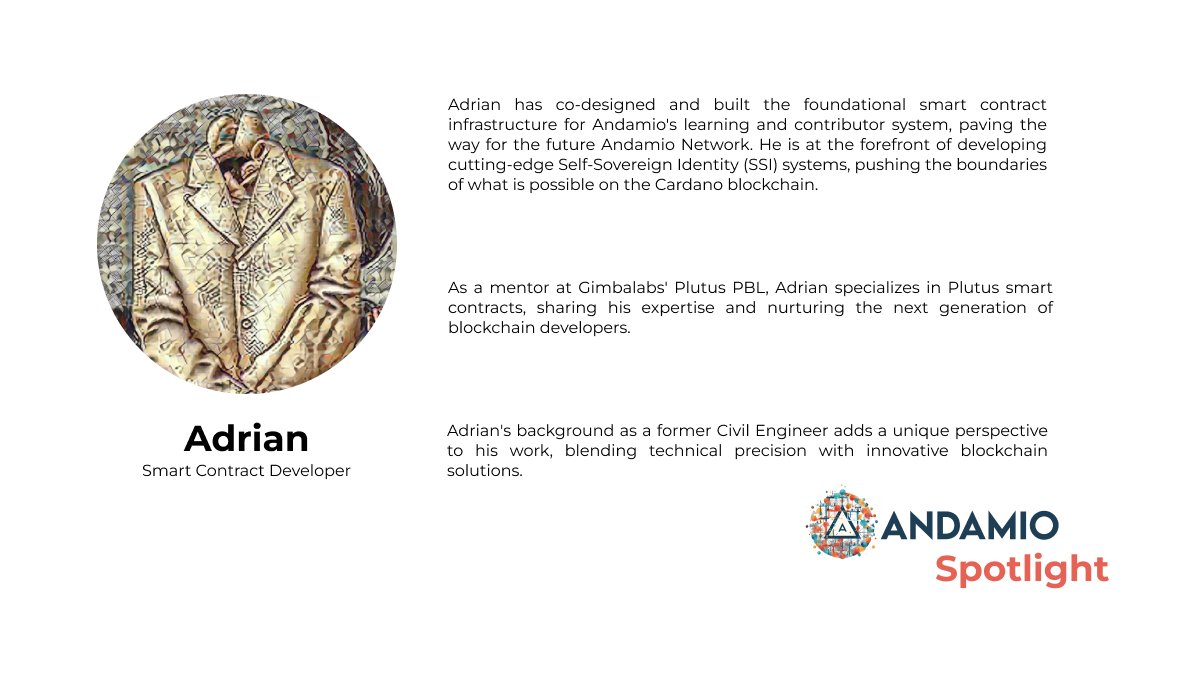 andamio_teams's tweet photo. You think our BizDev Team is good? You should meet our DevTeam...

This is Adrian. 

Adrian is not much of a talker. He conserves his energy for architecting and building the most mind-bending systems you've ever seen. Truly, the smart contracts that he and @MI_xAx_IM have built will blow you away. 

We'll tell you all about it soon 😉 😎

There's still time to vote for Andamio and keep Adrian hard at work. 

Be sure to head over to the Catalyst app, search for Andamio, and give us your vote 🗳️

#Cardano