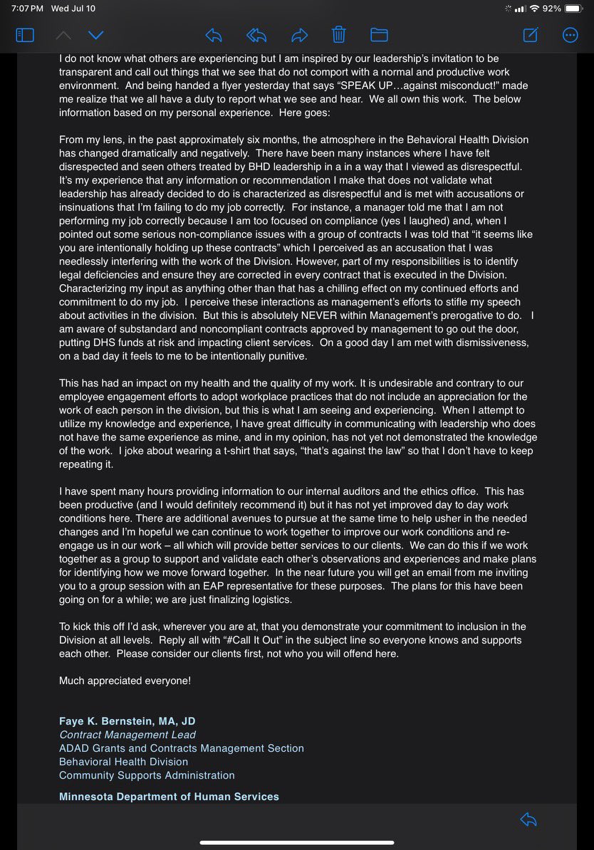It was 5 years ago today that I sent this email to my colleagues, hoping that someone at the MN Department of Human Services cared about contract illegalities.For the next 5 years I was harassed, investigated, slandered, and insulted.Are things different today? I don’t think so.