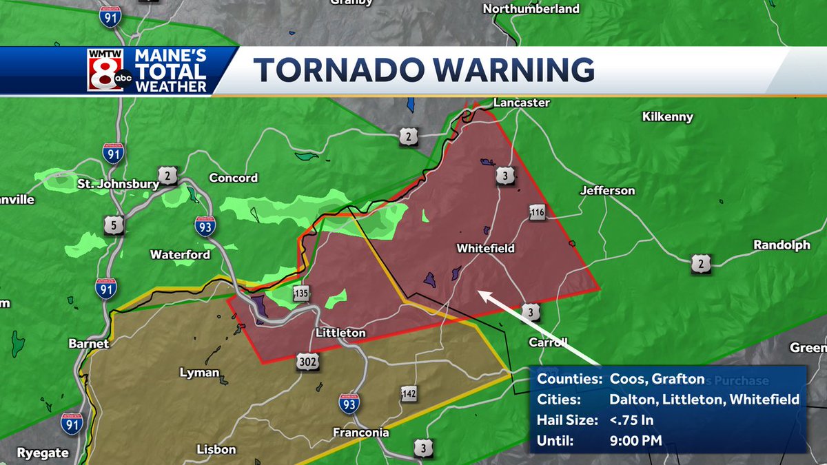 RogerWMTW's tweet photo. ALERT: A Tornado Warning is now in effect for portions of Grafton, Coos county. This is a dangerous storm. Find a safe place immediately. Live coverage is just moments away on WMTW-TV, Ch 8. #mewx https://t.co/YDwGvdP8jI