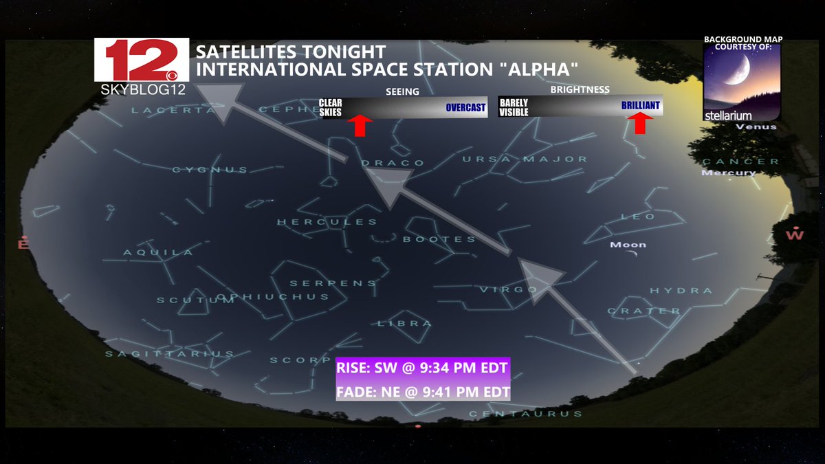wdefnews12's tweet photo. #WDEFWeather #News12Weather #Skyblog12 #KeepLookingUp - ISS Alpha will make a SUPER bright pass over the @WDEFNews12 viewing area just past 9:30 PM EDT, moving from SW to NE.
Skies may have a few clouds, but dry air in place should give us good seeing conditions. https://t.co/1rYsdNEF5q