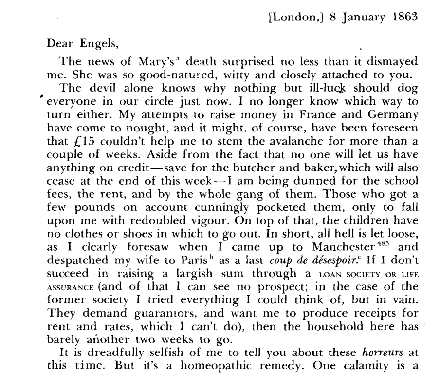 PhilWMagness's tweet photo. Engels: "Dear Marx. My girlfriend just died. I'm devastated."

Marx: "Dear Engels. Oh, sorry to hear that. Can you send me more money? It'll make you feel better about her death." https://t.co/UEl2M5DLl0