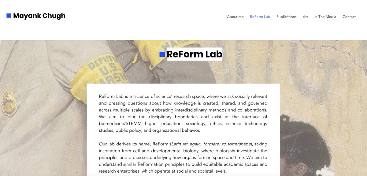 Mayank Chugh (he/him) (@mayank_mchugh) on Twitter photo 📢 I'll be starting as a Visiting Assistant Professor <a href="/williamandmary/">William & Mary</a> in August. The ReForm Lab will be a science of science interdisciplinary research space. I'll be teaching Mol Cell Bio, Dev. Biophysics, & Science Policy/Sociology of STEM Education. 1/
mayankchugh.org/reformlab 📢 I'll be starting as a Visiting Assistant Professor <a href="/williamandmary/">William & Mary</a> in August. The ReForm Lab will be a science of science interdisciplinary research space. I'll be teaching Mol Cell Bio, Dev. Biophysics, & Science Policy/Sociology of STEM Education. 1/
mayankchugh.org/reformlab