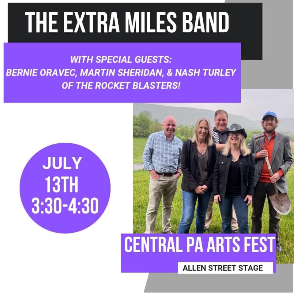 ExtraMilesBand's tweet photo. The Extra Miles at Central Pennsylvania Festival of the Arts! Saturday, July 13th at 3:30 on Allen Street Stage! https://t.co/T211B06GIy