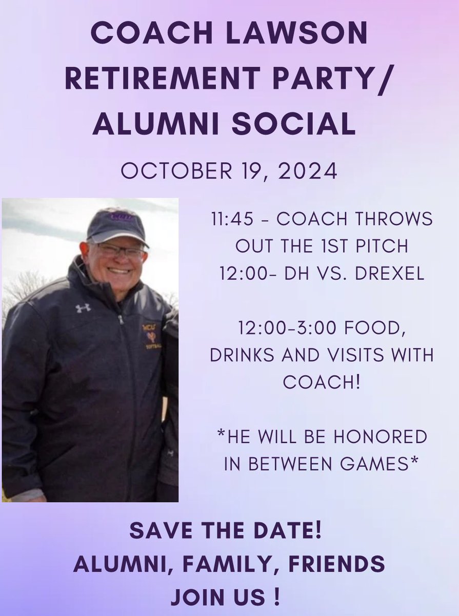 • S A V E T H E D A T E  • 

Coach Lawson retirement party &amp; alumni social! 

Saturday, October 19! There will be light food and drinks while the Rams take on Drexel. 
More details to follow! 💜💛