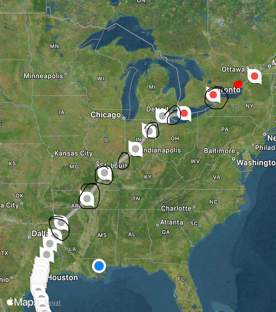 nolapools's tweet image. So the verdict is almost all in.  The hurricanes path followed the eclipse cone almost exactly. You can see it clip St Louis, Indianapolis and even Lake Erie.  How eery similar!   Wonder what it means!