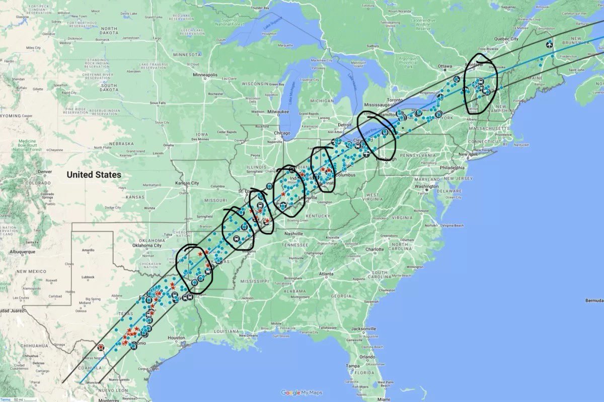 nolapools's tweet image. So the verdict is almost all in.  The hurricanes path followed the eclipse cone almost exactly. You can see it clip St Louis, Indianapolis and even Lake Erie.  How eery similar!   Wonder what it means!