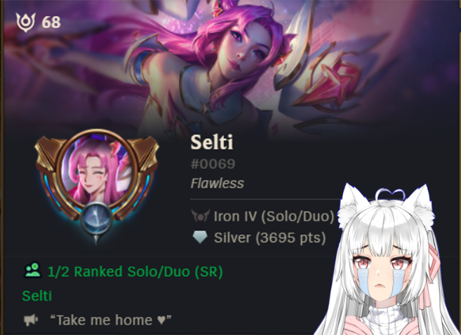 SeltiHa's tweet photo. Reuuuh ! merci à tous ceux qui sont passé ce soir pour me voir tenter en vain de sortir du iron 4 sur league :c 
J'ai vraiment passer un super moment en votre compagnie et celle de @OkaaWaa_  

Merci à @Maili_VT pour le raid 🩷
"je prend yumi je te plie" -oka 2024 https://t.co/JpbLQqlFWu