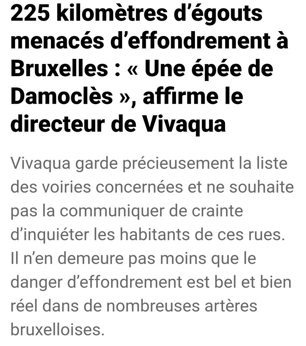 LavissimaB's tweet photo. 🔥Habitez-vous dans une rue qui risque de s'effondrer à cause des égouts vétustes ? Vous ne le saurez pas, car la directrice générale Vivaqua, Laurence Bovy, apparatchik PS, ex chef de cabinet Onckelink, compagne du directeur RTBF, ne veut pas publier la liste, "pour éviter la panique".
Aussi, pour ne pas embarrasser les bourgmestres socialistes avant les élections communales. Car les communes ont souvent donné priorité à des activités qui rapportent plus électoralement : un bal populaire, une fête de quartier, une brocante etc. Où trouver encore l'argent pour des réparations souterraines ? 
À noter également que parmi les rues concernées on retrouve une des voiries régionales où la priorité a été donnée à Good Move. Plus facile et plus porteur de peindre, au coût de millions, une piste cyclable, que de réparer des égouts. Jusqu'au jour un enfant pourrait tomber avec son vélo dans un trou d'égout effondré, @elkevdbrandt . De source Vivaqua, l'une des pires situations se trouve d'ailleurs sur une voirie régionale très connue pour des clashs Good Move dans le quartier, commune PS. 
La situation est si compliquée que Vivaqua est obligée d'envoyer, après tergiversations, des lettres aux communes, pour indiquer les rues les plus problématiques et décliner la responsabilité en cas d'accident. À suivre.