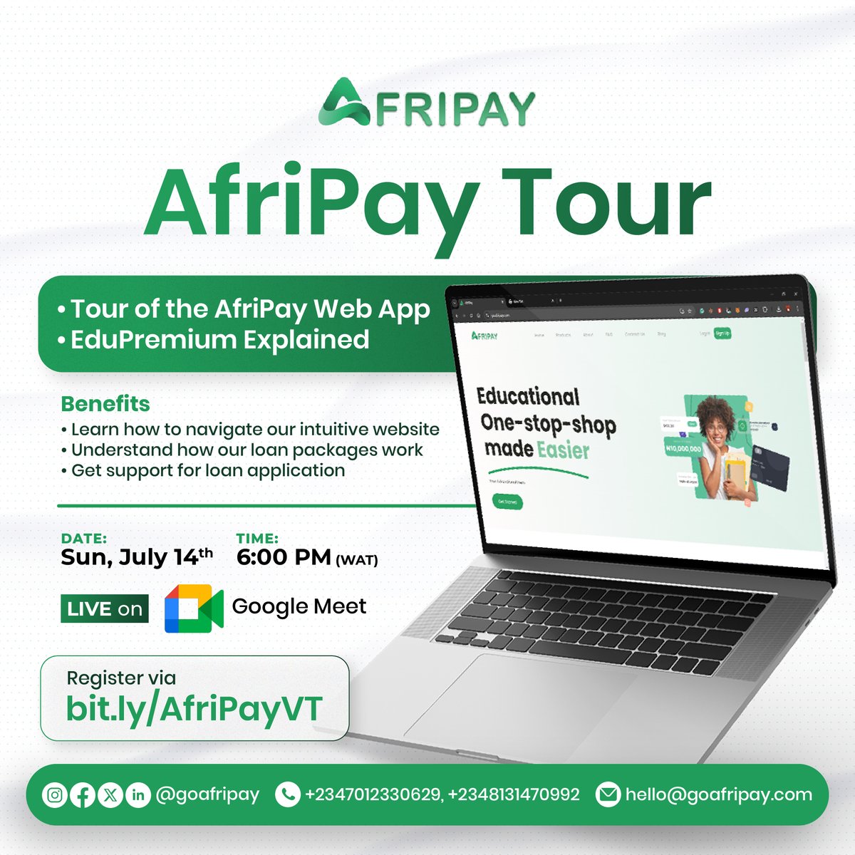 goafripay's tweet image. You asked and we have listened 🥰
Join us for an exclusive virtual tour of the AfriPay Web App🌍📚
Register here: bit.ly/AfriPayVT
#VirtualTour
#EduPremium
#EducationalLoans
#StudyAbroad
#FinancialSupport
#AfriPay
#FundYourDreams
#EducationFinancing
#StudentLoa
