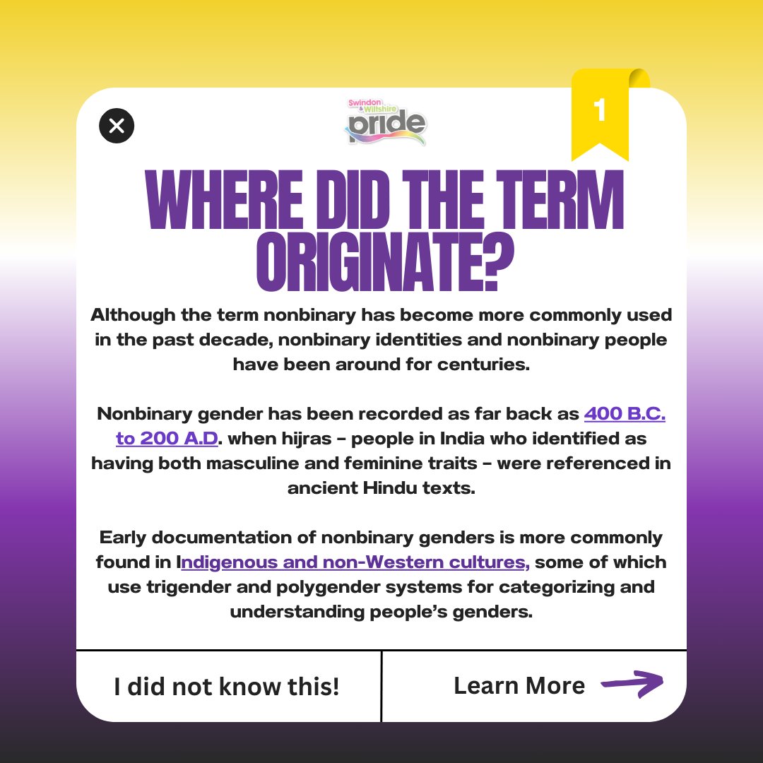 Swindonwiltspri's tweet photo. Let’s get into some of the history of Non-Binary for Non-Binary Awareness Week! 

#lgbt #swinwiltspride #nonbinary #genderisaconstruct  #nonbinaryawarenessweek #nonbinaryhistory #genderidentity #nonbinaryrepresentation https://t.co/PJWtUaVspU