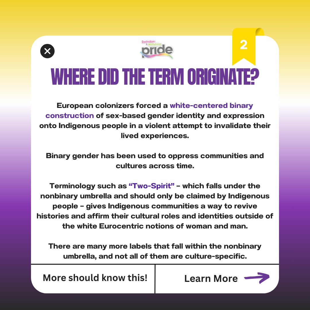 Swindonwiltspri's tweet photo. Let’s get into some of the history of Non-Binary for Non-Binary Awareness Week! 

#lgbt #swinwiltspride #nonbinary #genderisaconstruct  #nonbinaryawarenessweek #nonbinaryhistory #genderidentity #nonbinaryrepresentation https://t.co/PJWtUaVspU