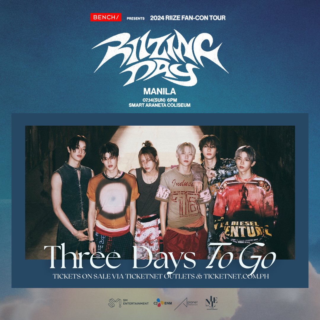 philconcerts's tweet photo. Manila, are you ready to go 🎶 Boom ba doom Boom boom bass 🎶? Three days to go before 2024 RIIZE FAN-CON 'RIIZING DAY' in MANILA at the Araneta Coliseum!

Be part of the Philippine concert stage debut of #GlobalBENCHSetter RIIZE! Grab your tickets via TicketNet 🎫

#RIIZE_FANCON #RIIZINGDAY #BENCHxRIIZE @benchtm