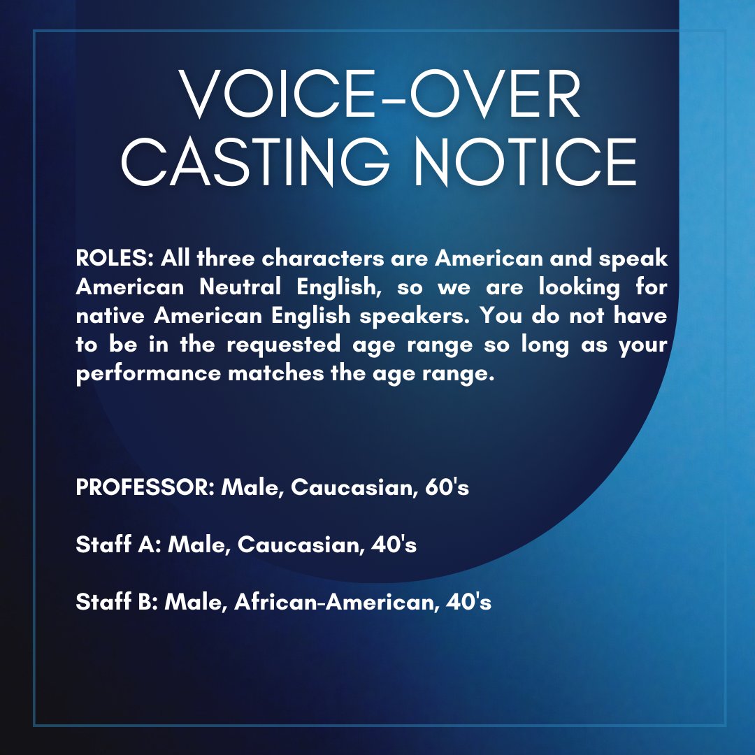 VOICE-OVER CASTING NOTICE:

Looking for native English speakers based in Tokyo for a Netflix VO Project. Please see the post for details.
Demo Reels must be submitted by July 16th.

#voiceover #voicecasting #castingcall #actorjapan