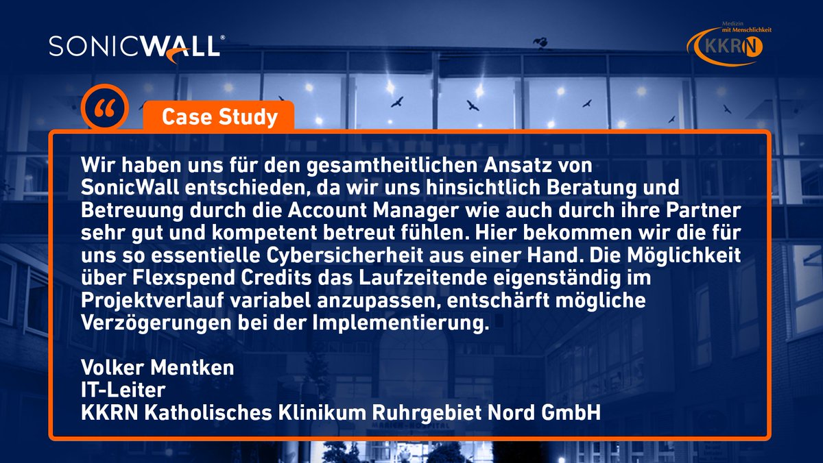 DE_SonicWall's tweet photo. Case Study aus dem #Gesundheitswesen: Das #KKRN
Katholisches Klinikum Ruhrgebiet Nord GmbH nutzt das #SonicWall Boundless #Cybersecurity Model um die besonderen Anforderungen an die #ITSicherheit für kritische Infrastrukturen zu erfüllen. #KRITIS https://t.co/WAQPHzI6j2 https://t.co/cl4wuvYJwP