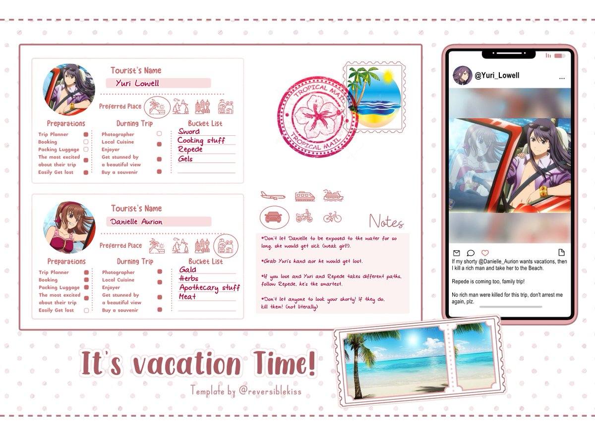 xHimemikoYukix's tweet photo. ❤✨Summer Vacations ❤✨
With this, finally I was able to do this I saved from the past year ❤✨ how Yurielle's vacations would be haha! Notes were written by both of them ❤✨
Template by @reversiblekiss
#YuriLowell #DanielleAurion #Yurielle #YuriLowellxOC #TalesofVesperia https://t.co/hh4OQHn9b8